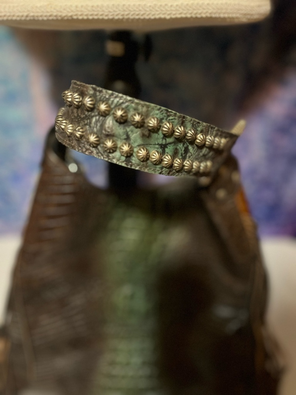 Raviani Brown & White Cowhide Fringe Shoulder Bag with Embossed Leather Panel - Picture 3 of 4